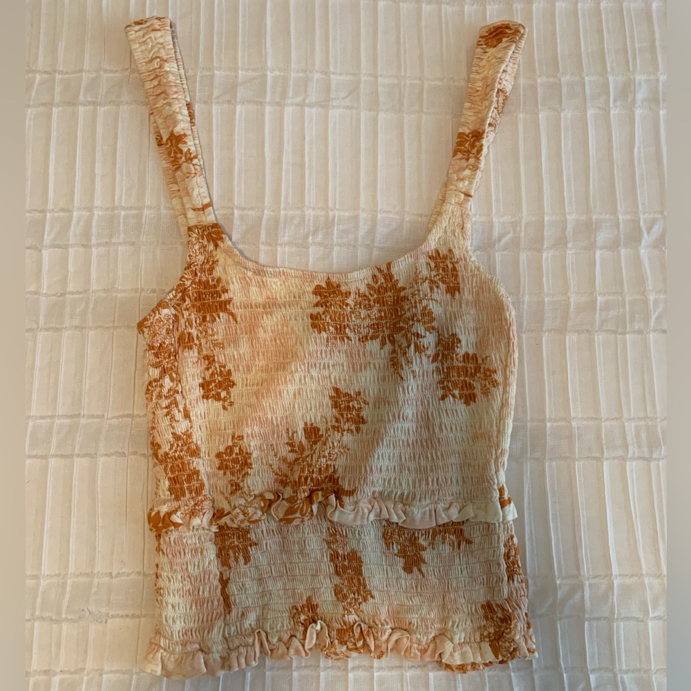 Free People Floral Smocked Women Top - Cream Pink and Orange